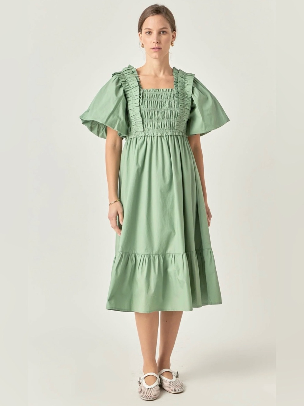 English Factory Sage Green Smocked Midi Dress with Ruffle Straps Puff Sleeve S